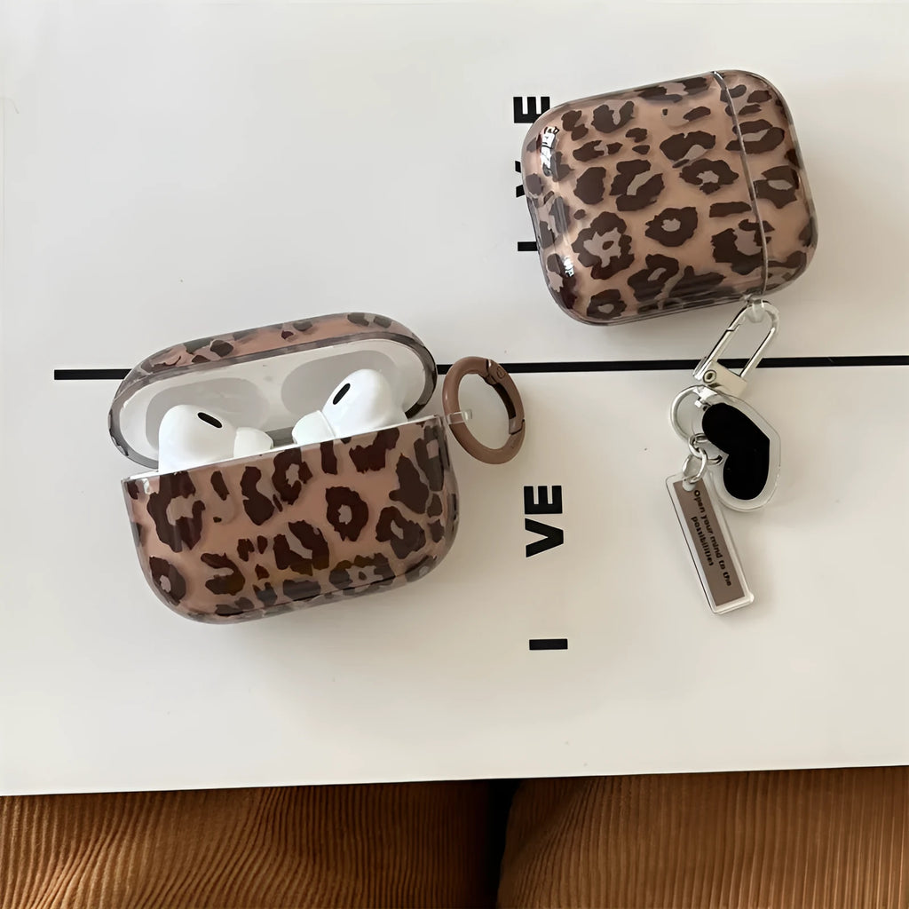 Transparent brown leopard printed PC earphone sleeve for Apple AirPods charging case with snap-on fit