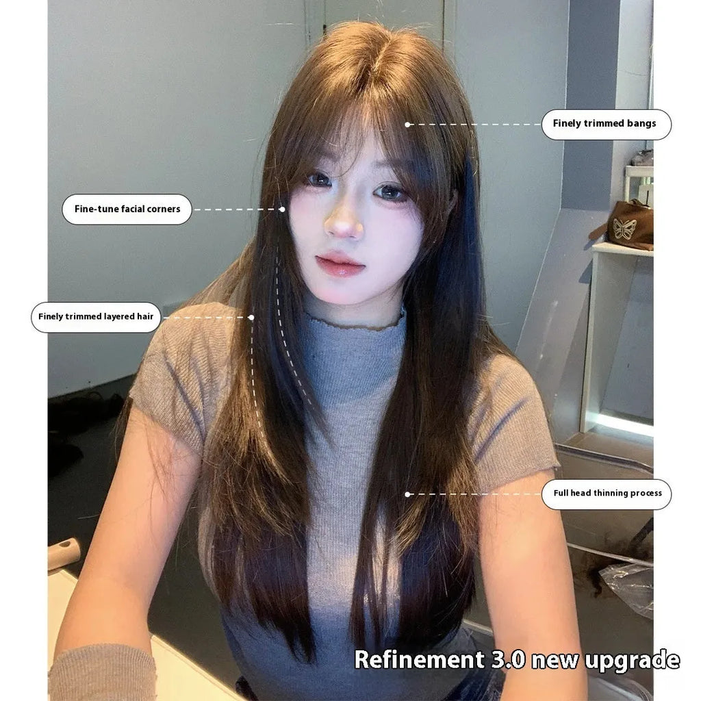 Ladies long straight layered wig in cold brown with lace front, natural style, includes hair net