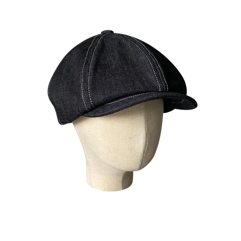 Black Japanese denim fabric six-panel retro beret hat for men and women unisex cotton cap