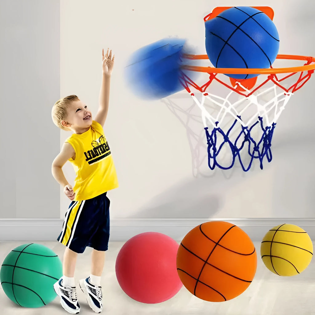 Assorted bright silent foam basketballs in different sizes next to a basketball hoop frame.