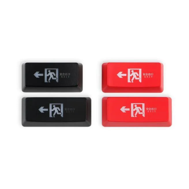 Red safety evacuation exit key cap on a keyboard, backspace style