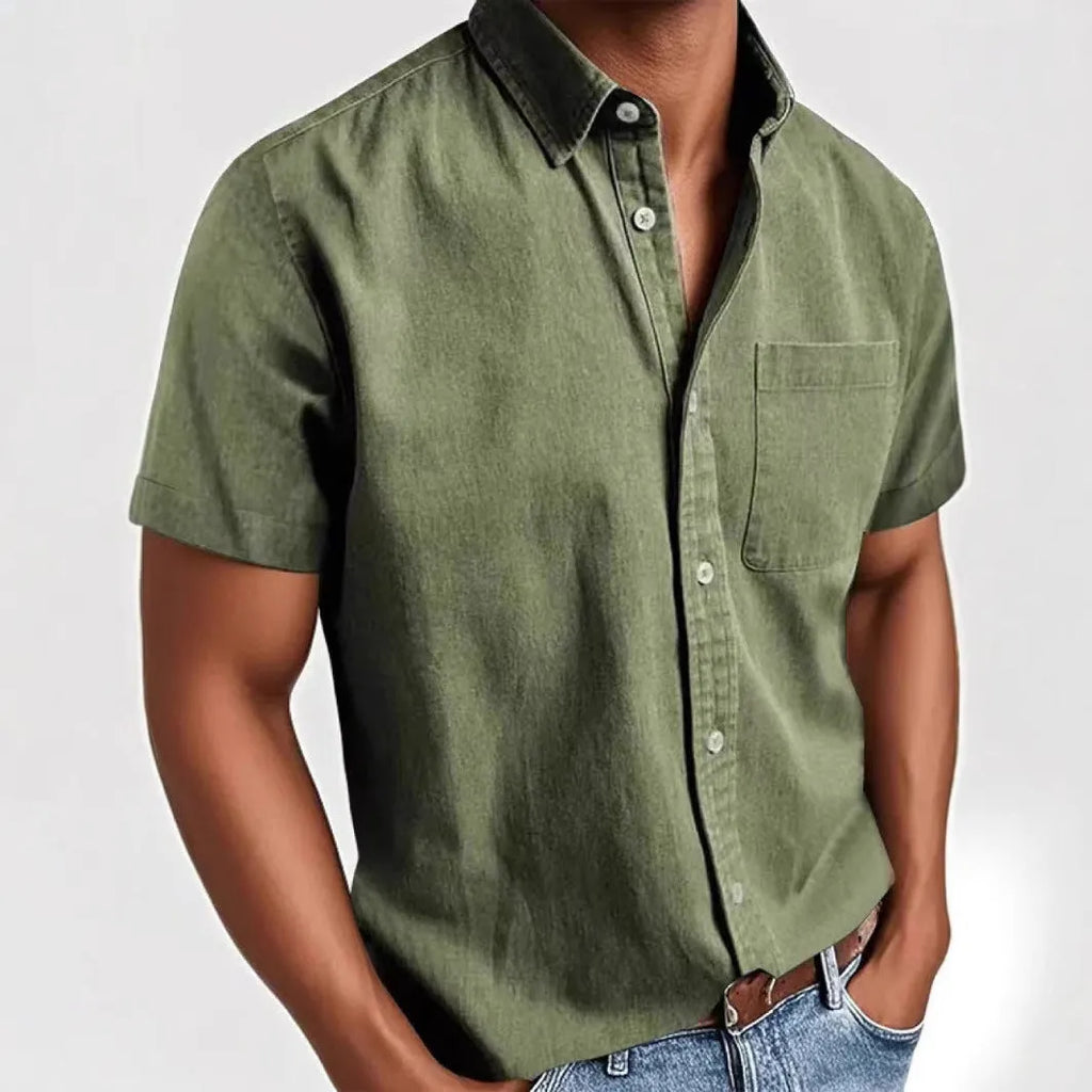 Single-breasted short sleeve loose fit shirt for men in khaki cotton blend fabric