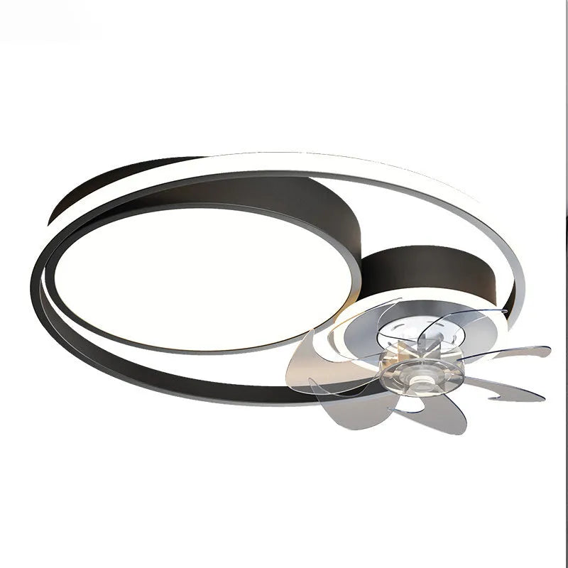 Ceiling-mounted fan light with metal blades and a white acrylic lampshade, shown in a room setting.