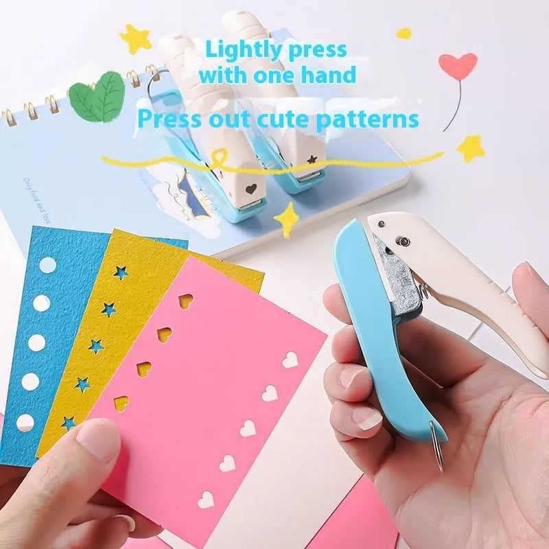 Manual craft punching machine with love, star, and two round hole designs for paper.