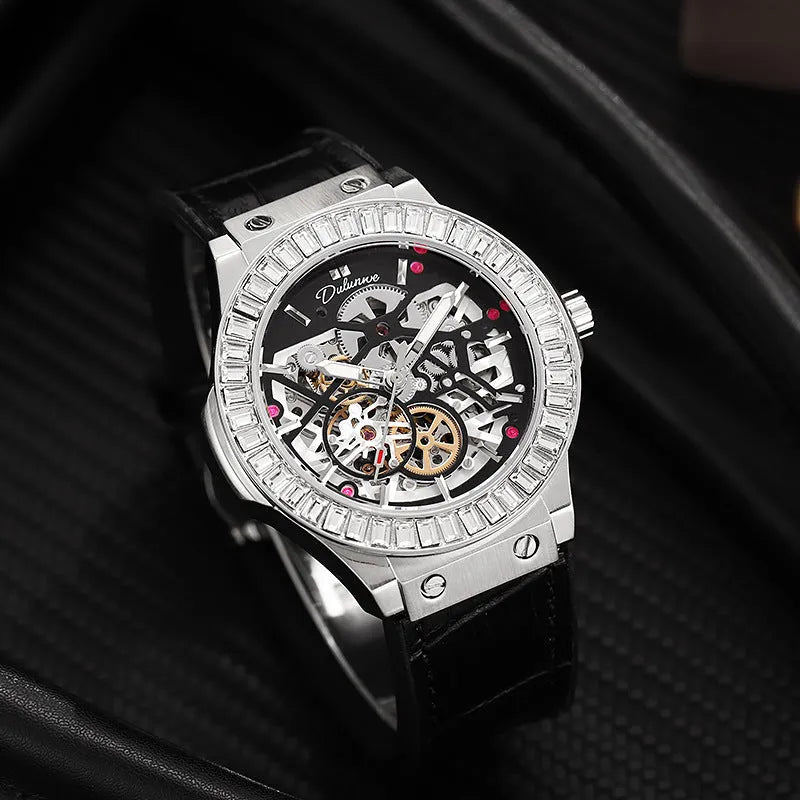 Men's automatic skeleton watch with diamond details on movement, white shell case, and black dial.