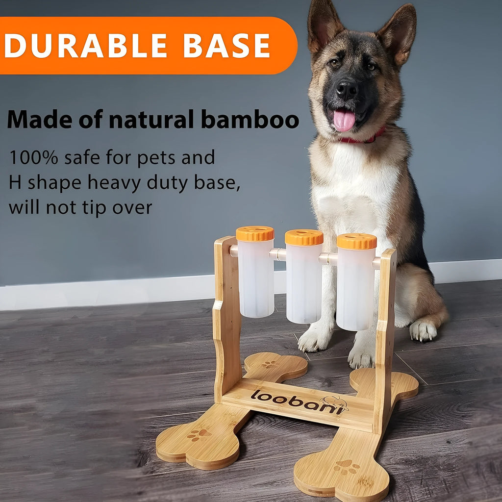 Natural wood colour dog puzzle toy feeder measuring 31cm by 30cm by 20cm
