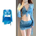 Women's blue high-waist bikini set with shirt, bra, underwear, and skirt laid flat.