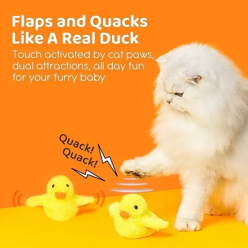 Yellow flapping duck cat toy with vibration sensor and USB charging cable