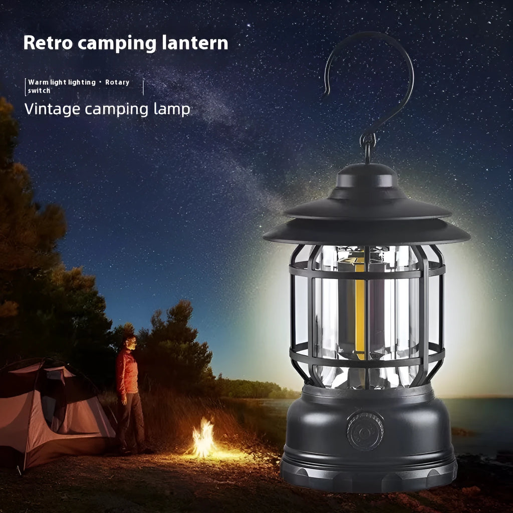 Portable camping lantern with handle in black, dark green, or red colour options.