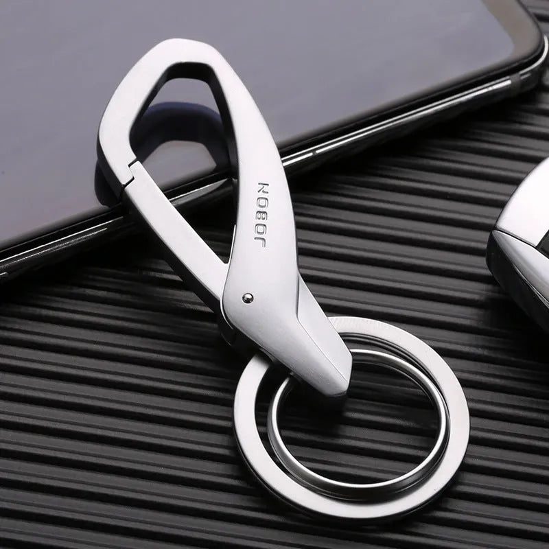 Zinc alloy double ring waist keychain for car keys in black, chrome, and nickel colours.