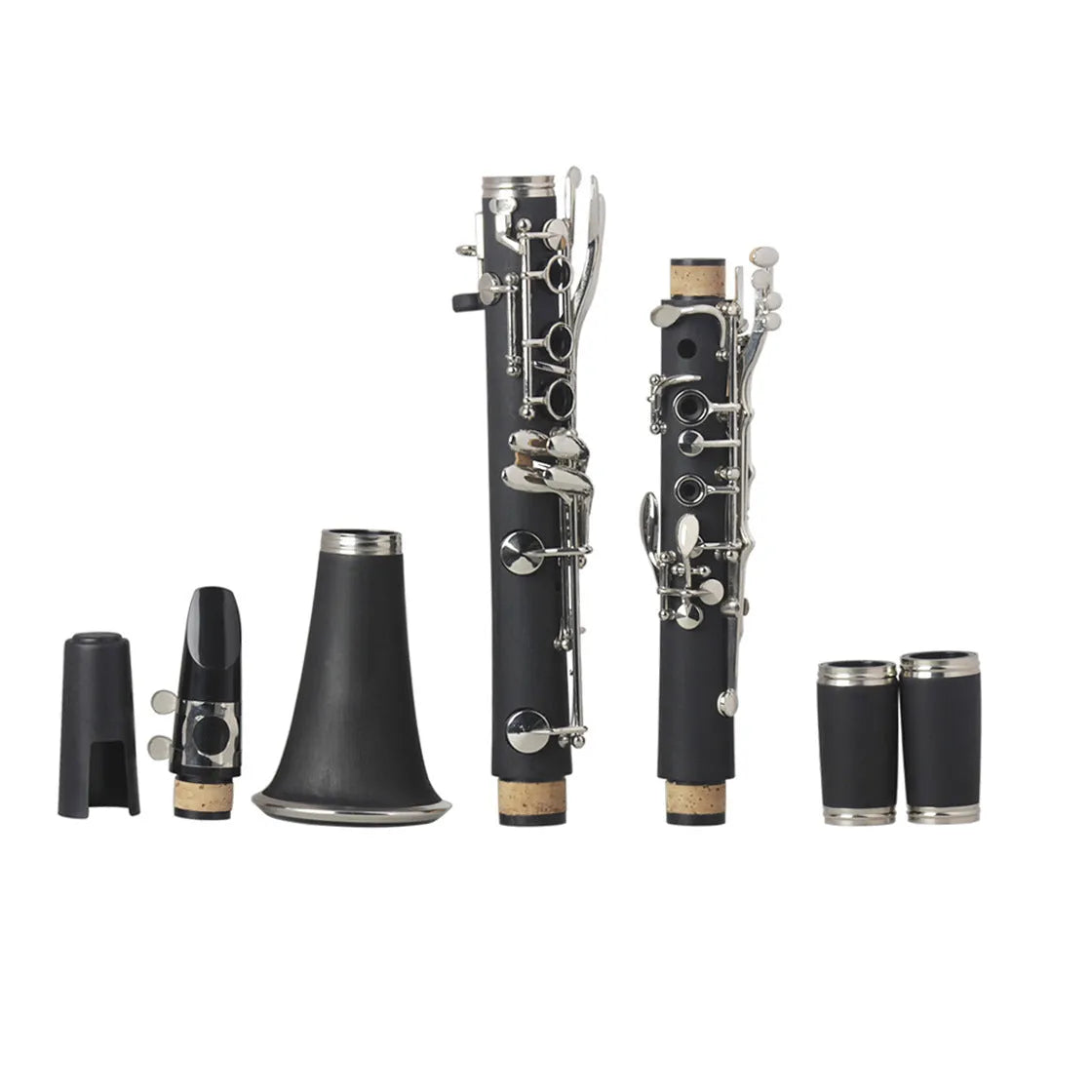 Black bakelite clarinet with 17 nickel keys and a carry bag for beginners.