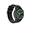 Black smart watch with square stainless steel case and colour touch screen on wrist.