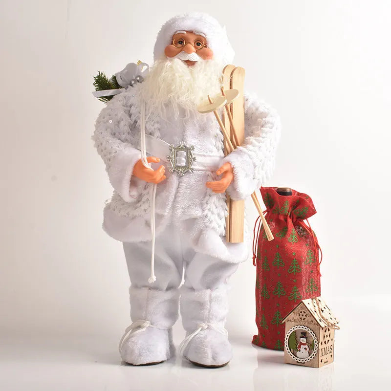 30cm Christmas doll with red sequins, plastic and cloth construction, standing on a white background