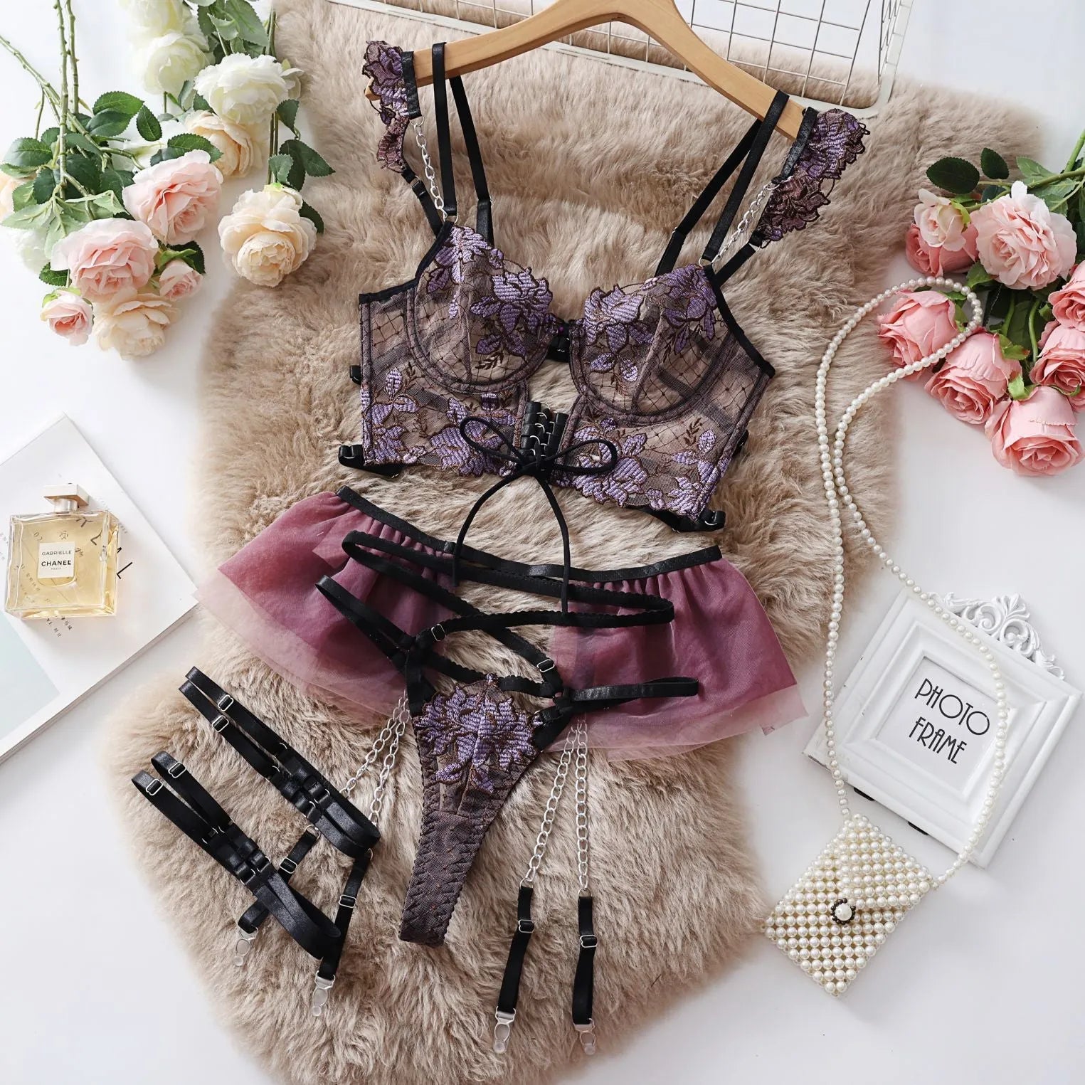 Light blue embroidered lace push up bra and pants set for women