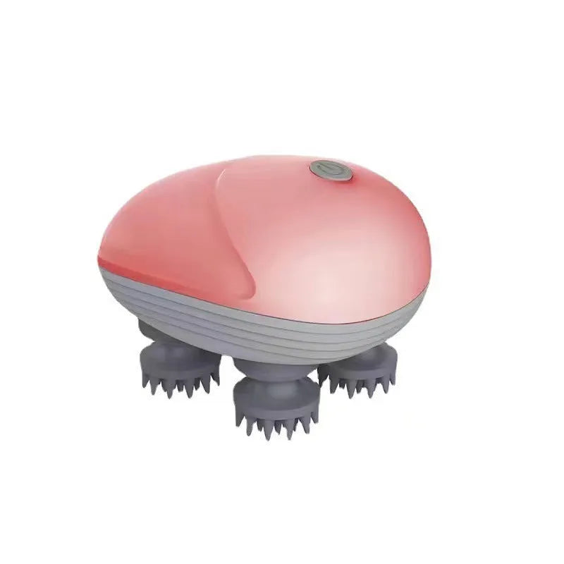 Blue electric handheld pet massager with four rotating heads on a white background.
