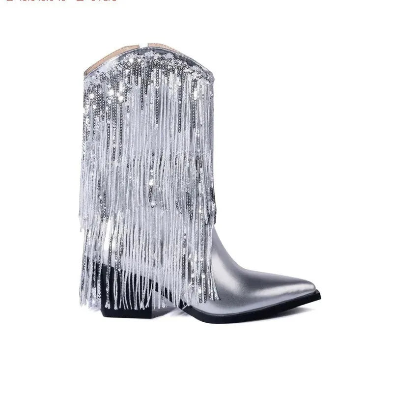 Women's black PU leather chunky heel boots with tassel decoration and a pointed toe on a stiletto heel.