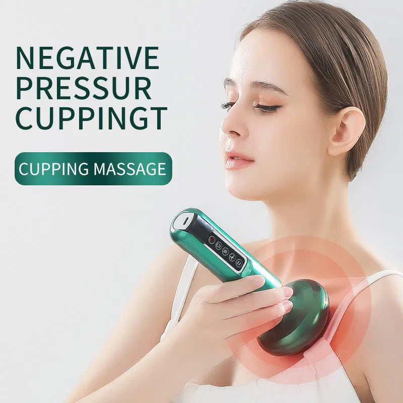 Green electric vacuum cupping massager with suction cup head on a white background