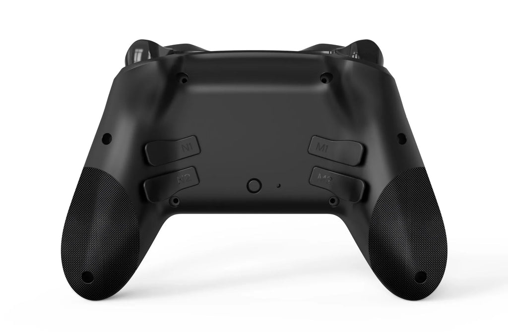 Black wireless Nintendo Switch game controller with leather-texture grips on a grey background.