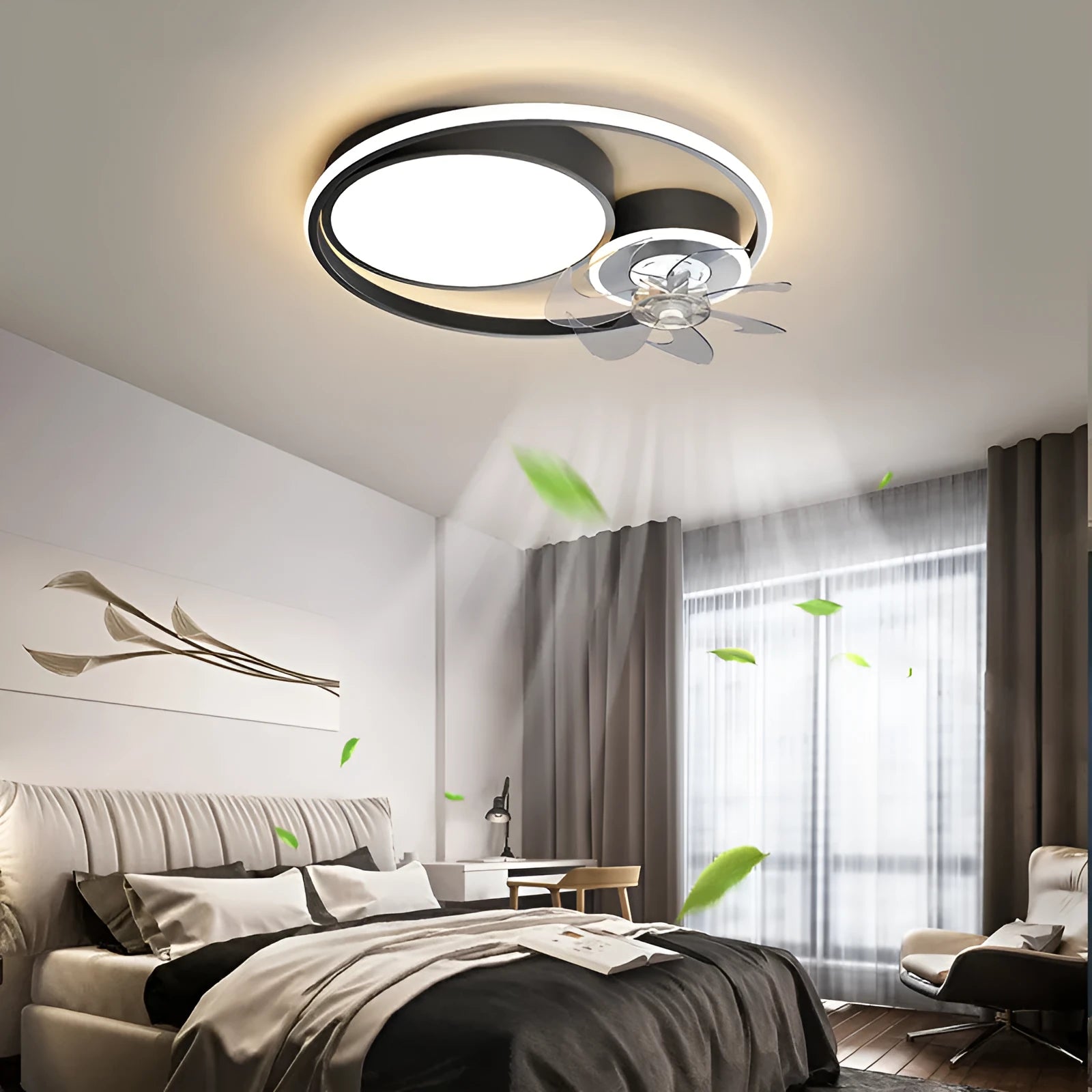 Ceiling-mounted fan light with metal blades and a white acrylic lampshade, shown in a room setting.