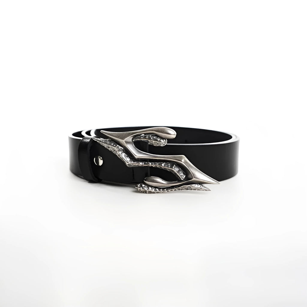 Black men's leather belt with metal letter buckle, showing two-layer cowhide construction.