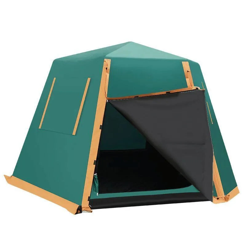 Outdoor fully automatic camping tent in green with all-aluminium frame and snow skirt