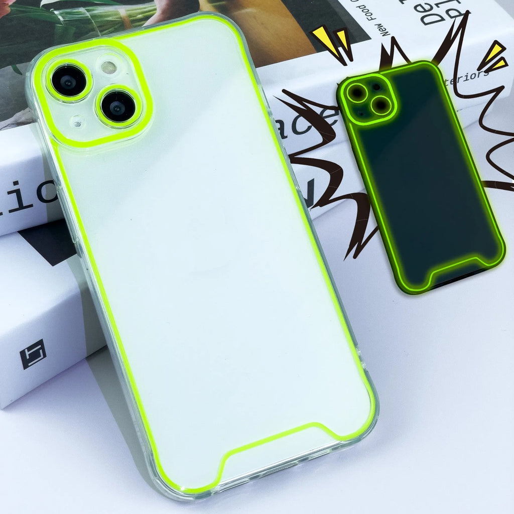 Glow in the dark soft TPU phone case for iPhone in blue, green, orange, pink and yellow colours.
