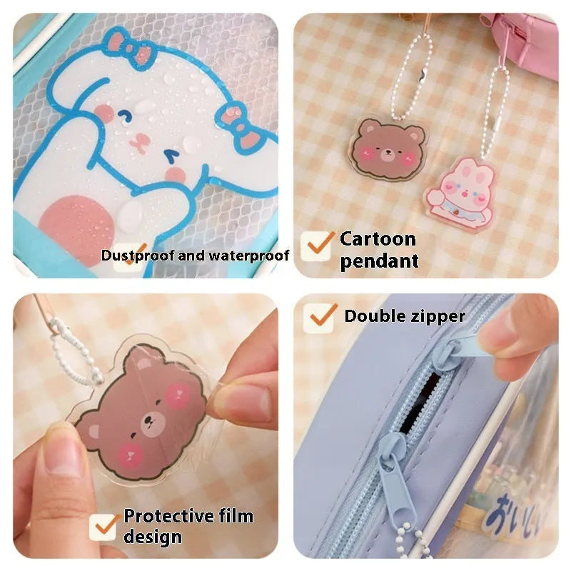 Transparent PVC pencil case with cartoon designs measuring 22cm length for school stationery organisation