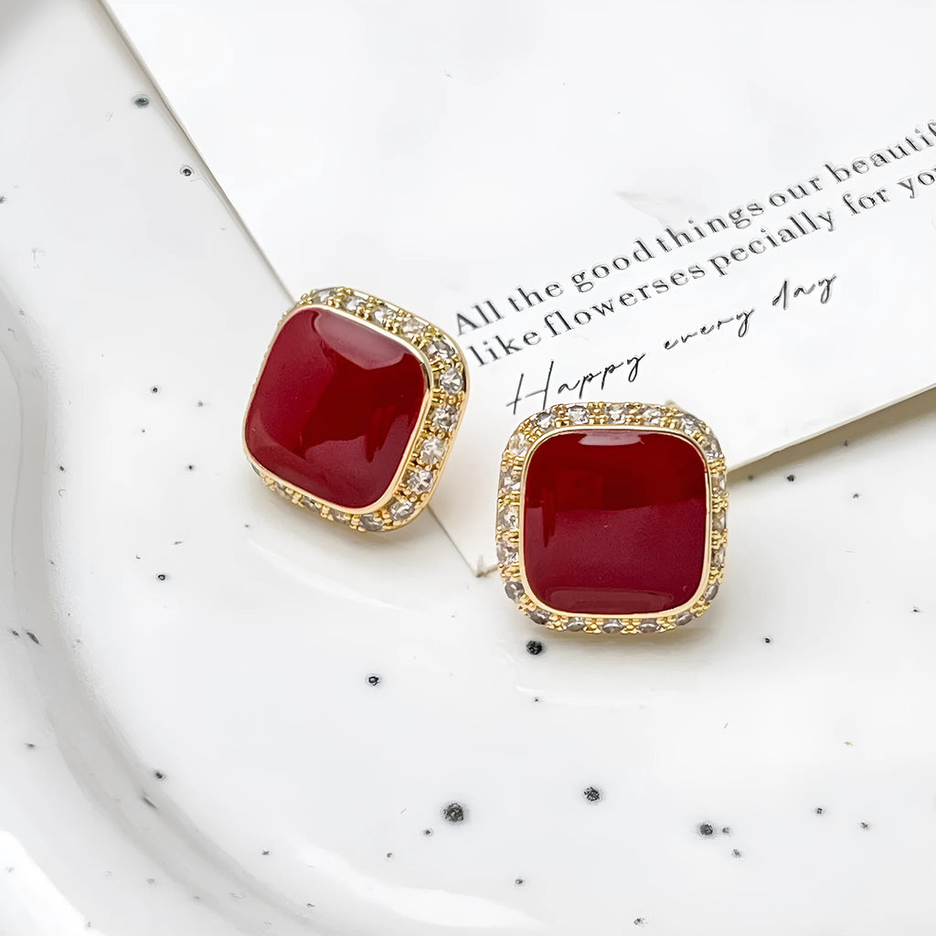Retro red geometric square earrings with alloy construction and inlaid design