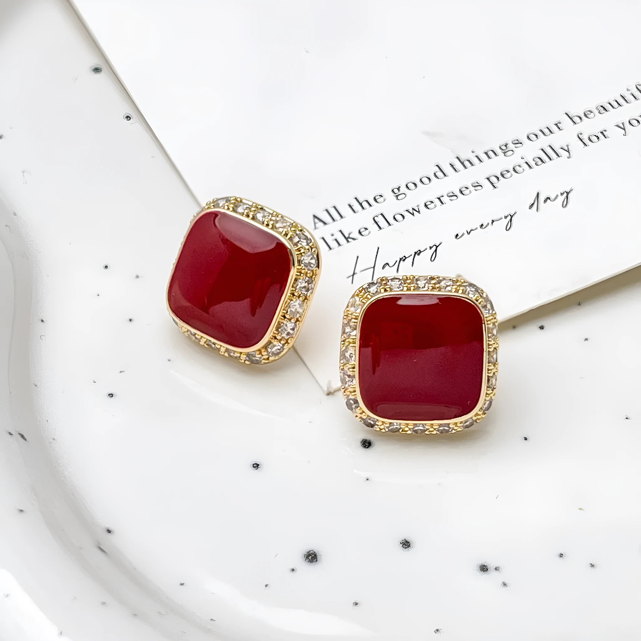 Retro red geometric square earrings with alloy construction and inlaid design