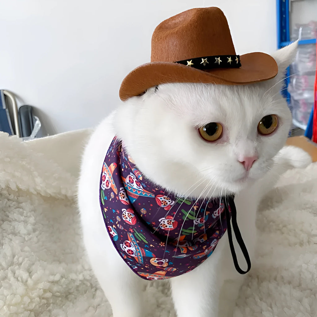 British cowboy hat for cats and small dogs in non woven fabric with velvet belt trim