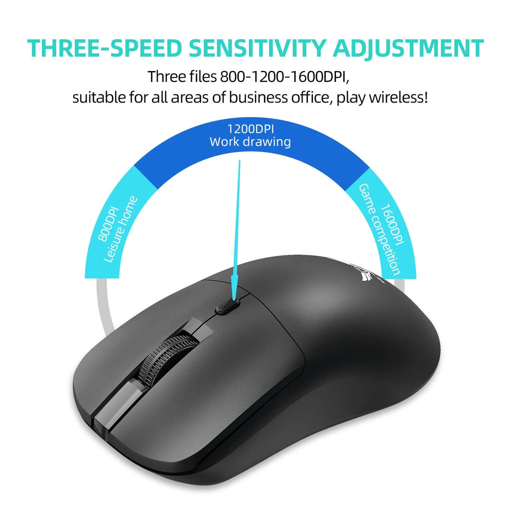 Black wireless mouse with three side buttons on a desk next to a laptop