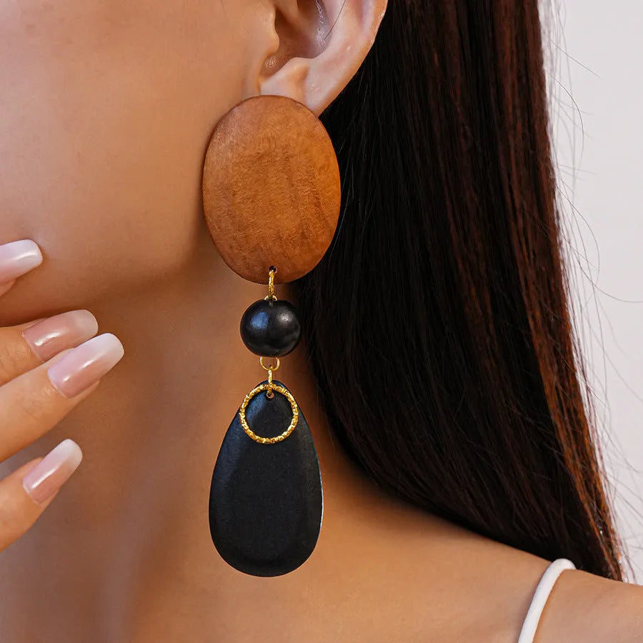 Handmade wooden elliptical earrings in silver needle-brown-black colours with retro European American style