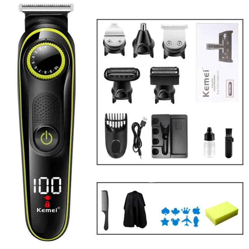 Black KM-696 rechargeable electric hair clipper with stainless steel blades on a white background.