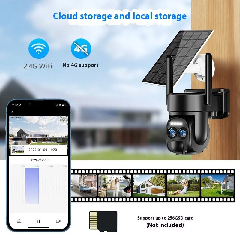Solar powered surveillance camera with 8x zoom lens mounted on wall bracket