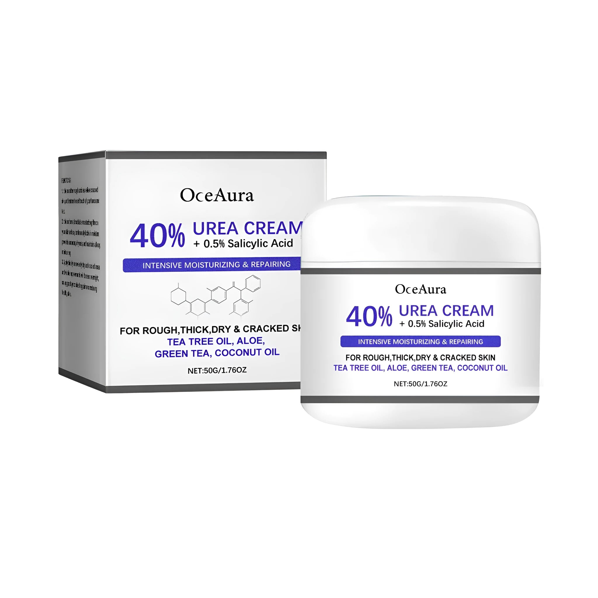 A 50g tube of hand and foot cream containing urea, salicylic acid, tea tree oil, and aloe vera.