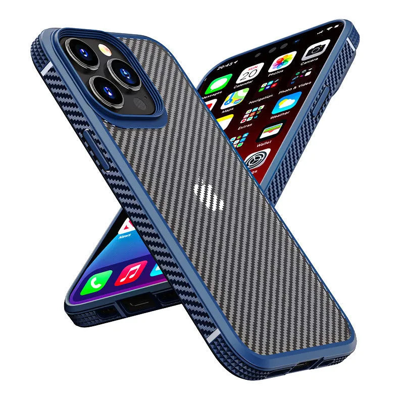 Anti-fall TPU and PC phone case for iPhone 13 series with carbon fibre pattern, black colour option