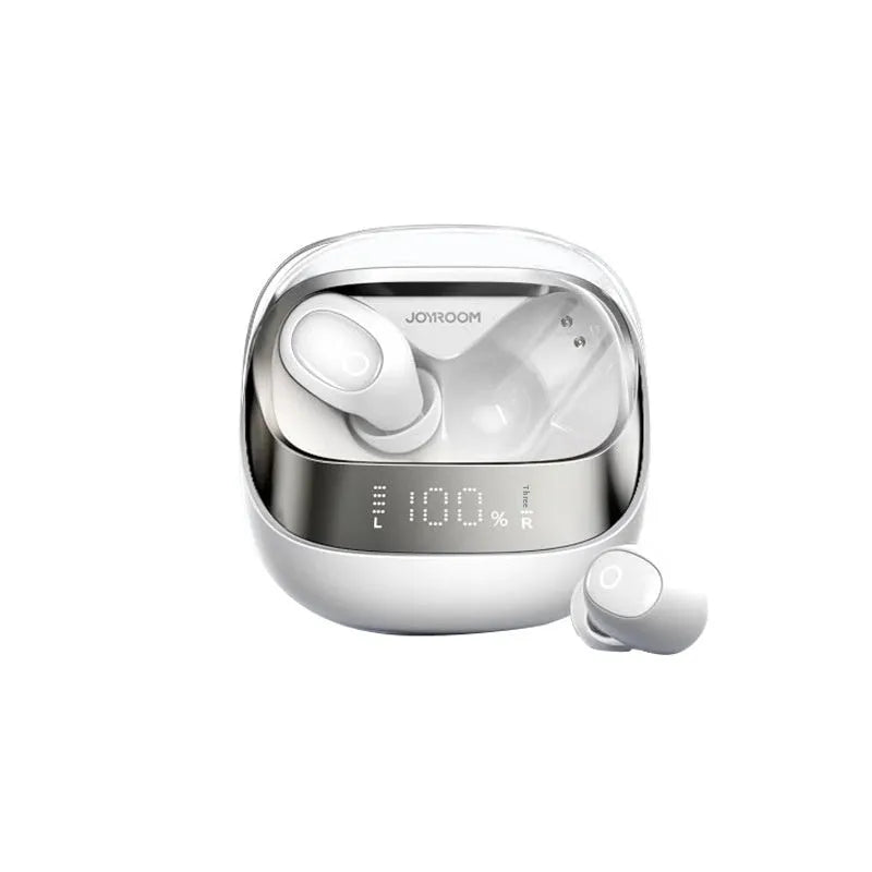 Dawn White wireless Bluetooth earbuds with charging case on a table