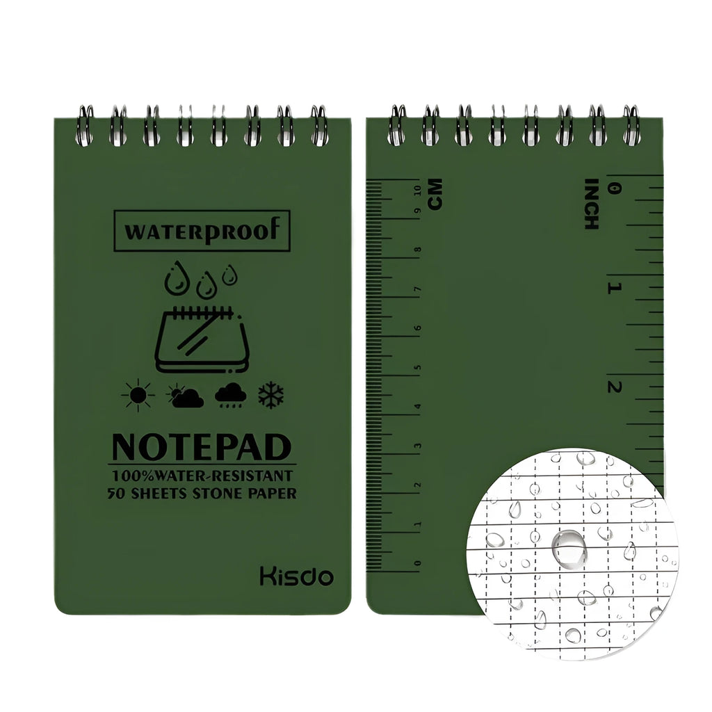 A6 spiral-bound waterproof notepad with stone paper pages in camouflage cover colour.