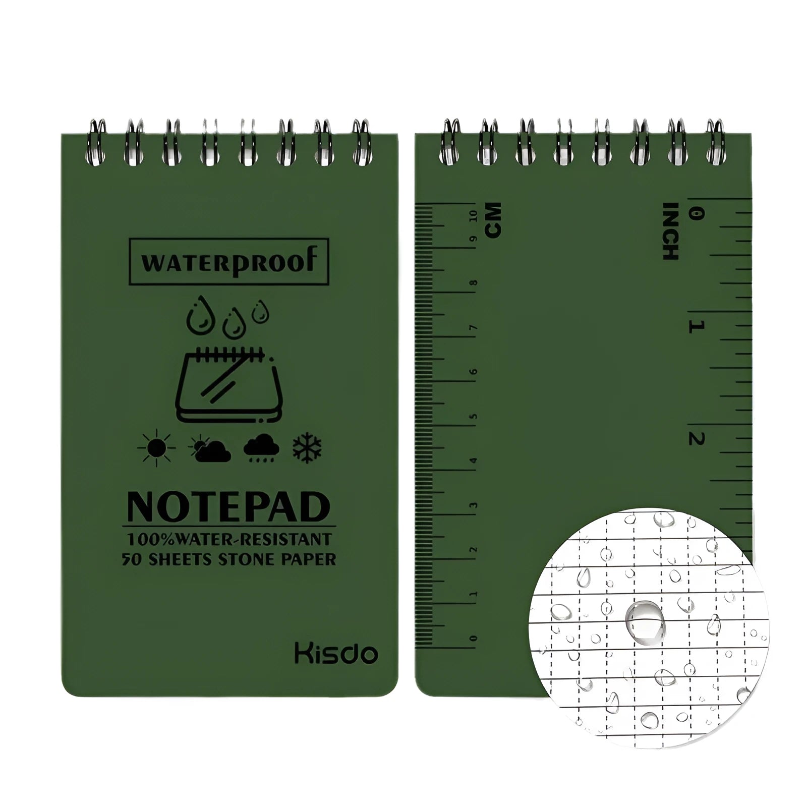 A6 spiral-bound waterproof notepad with stone paper pages in camouflage cover colour.