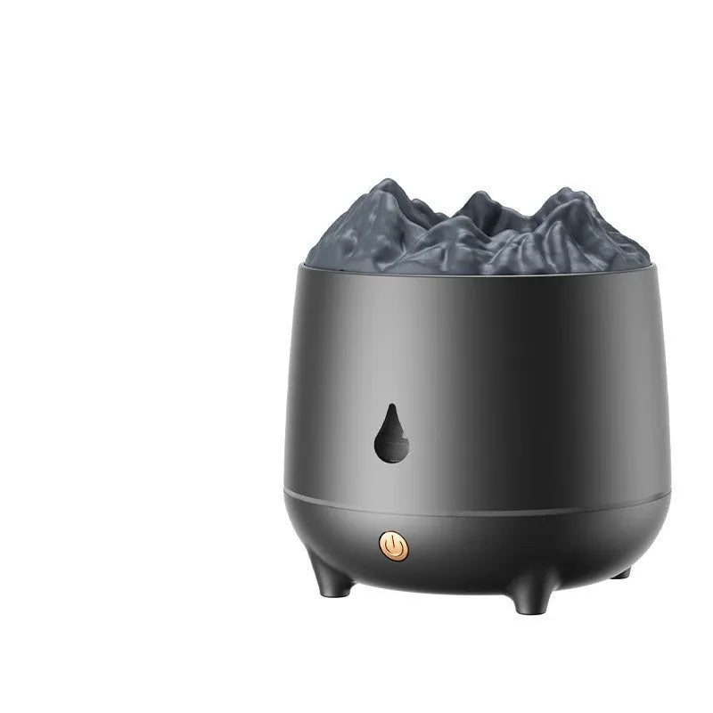 White volcano-shaped ultrasonic humidifier with USB cable on wooden surface