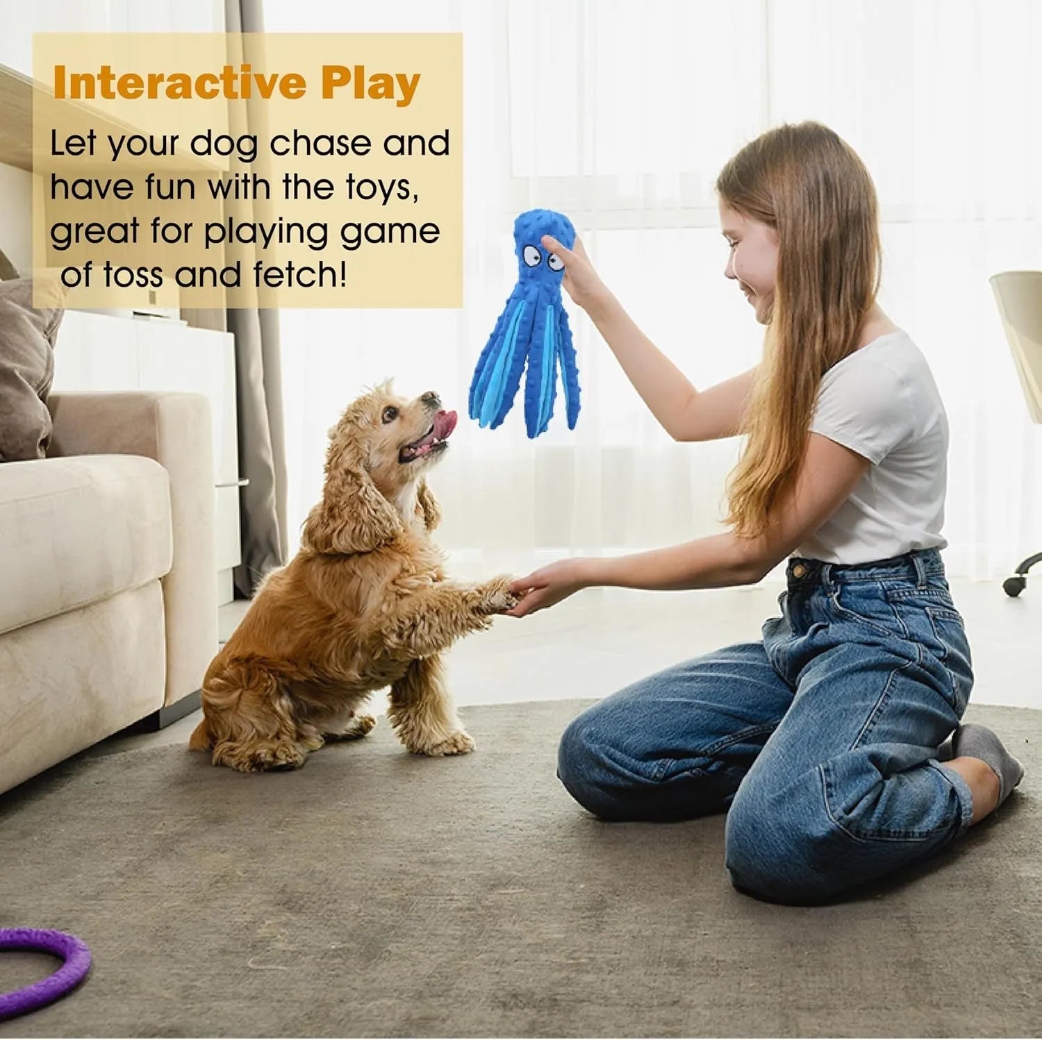 Blue no stuffing octopus squeaky toy with crinkle paper and BB call for dogs, made from crystal soft mesh, 32cm long