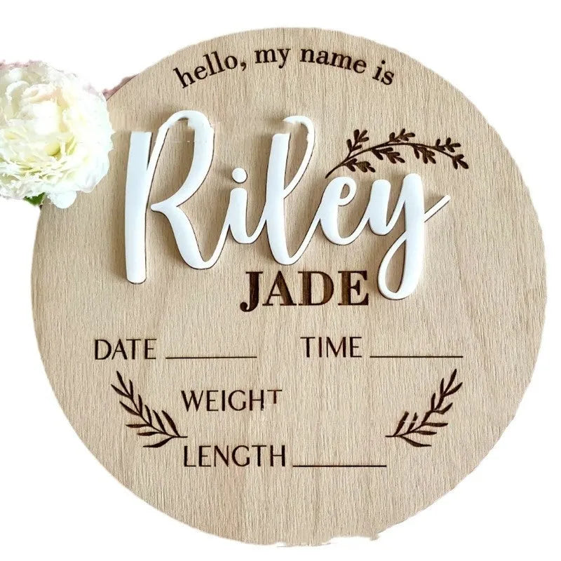 15x15cm square wooden baby name plaque with personalised birth details for nursery decor.