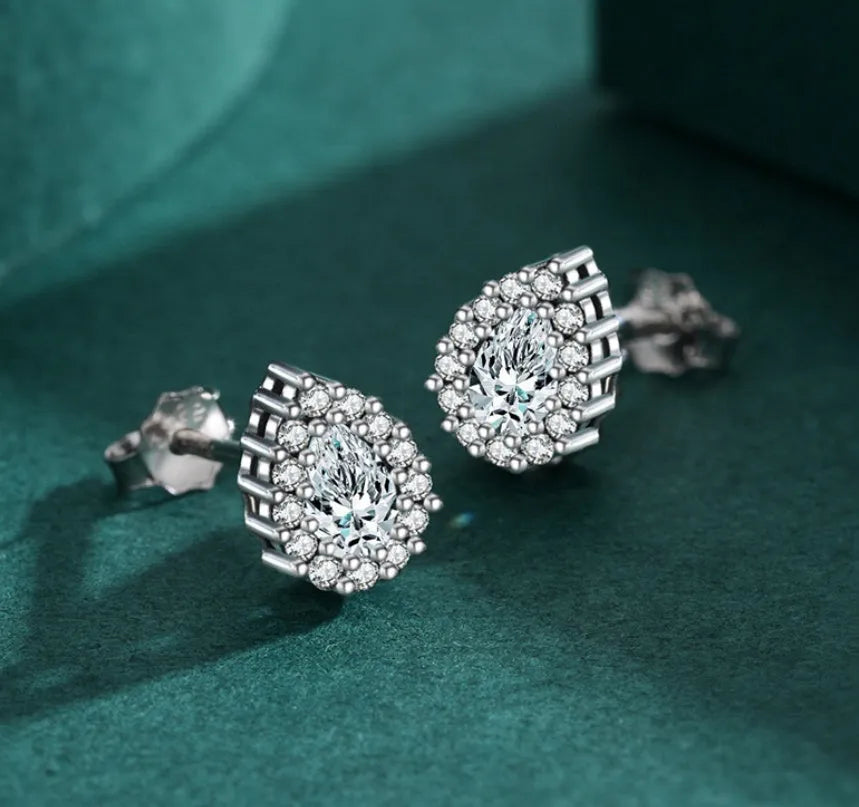 Women's silver drop ear studs with diamond finish on 925 sterling silver