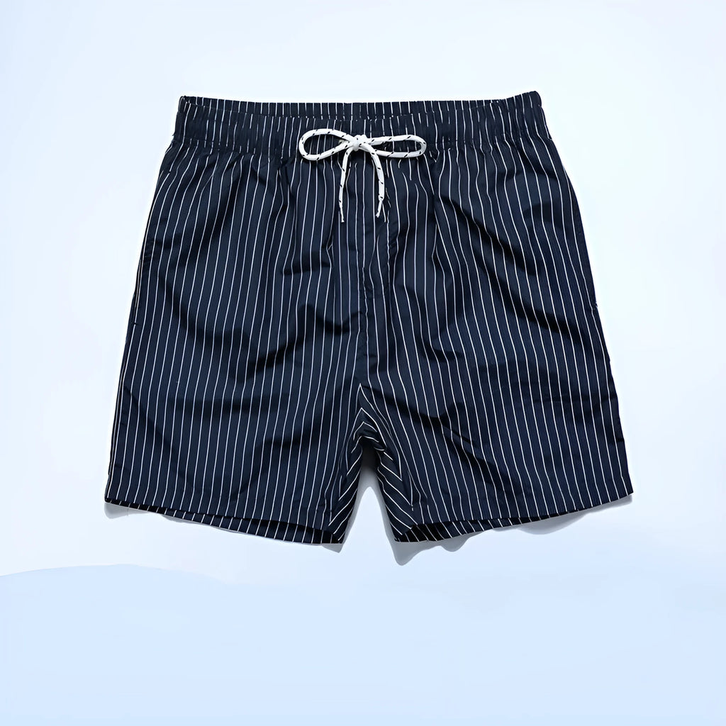 Men's navy blue striped beach shorts with triangle lining and straight leg opening