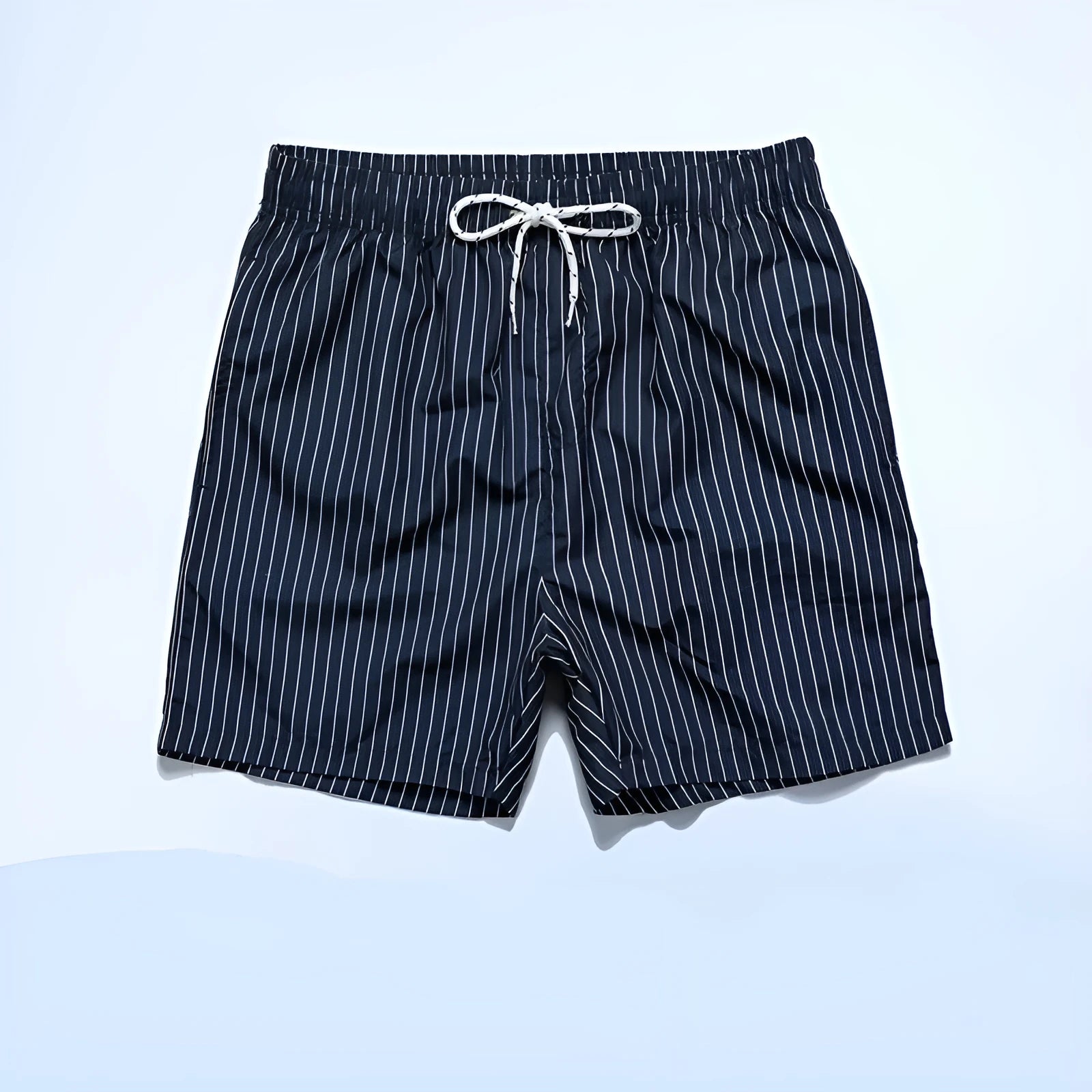 Men's navy blue striped beach shorts with triangle lining and straight leg opening