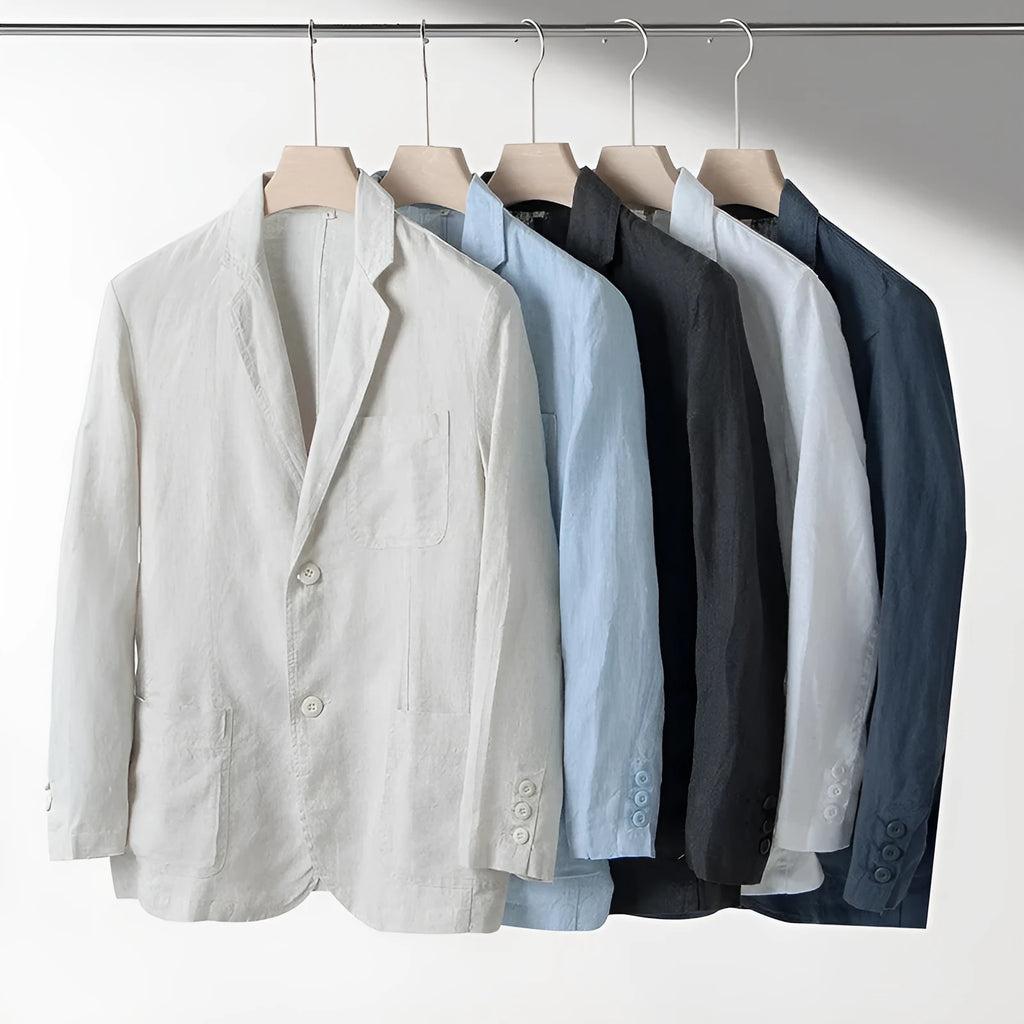 Men's casual linen suit jacket in solid colour with long sleeves and loose fit on a plain background