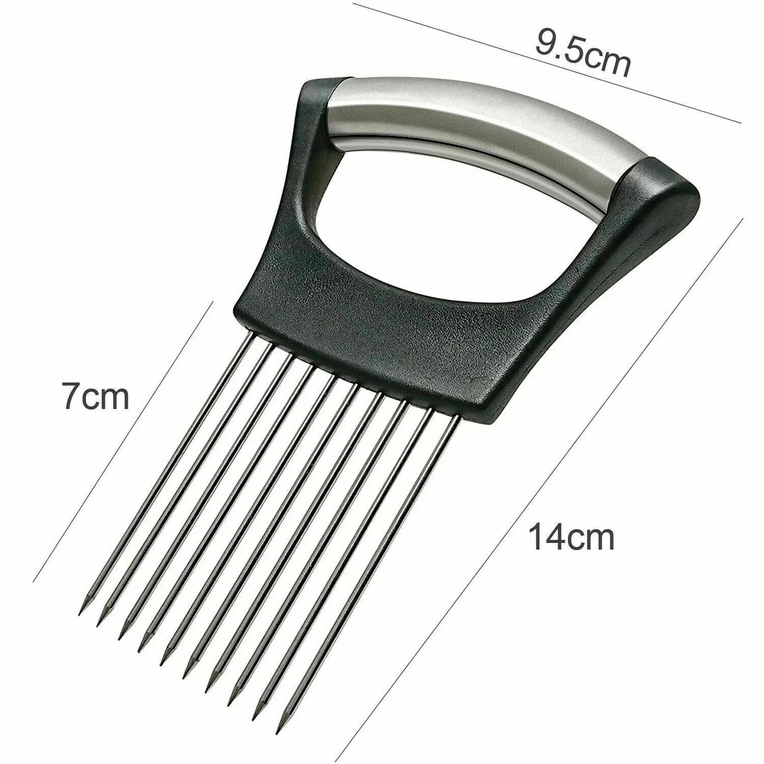 Stainless steel onion holder slicer with non-slip base on a kitchen counter, holding a tomato for slicing