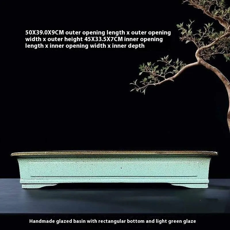 Green handmade ceramic bonsai pot with retro crackled glaze