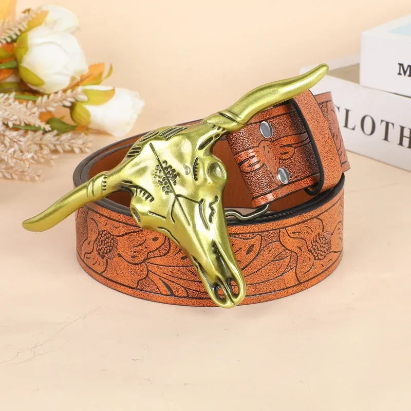 Men's imitation leather belt with detailed alloy cowboy head buckle in black or brown colours