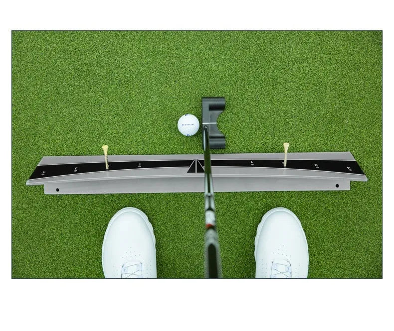 Golf putter trajectory balance simulator with adjustable push rod balancer on flat surface